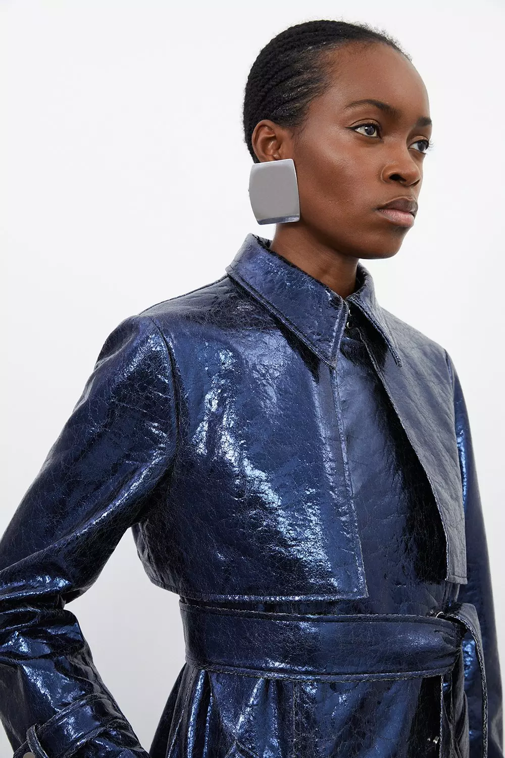 Metallic Faux Leather Belted Trench Coat Karen Millen